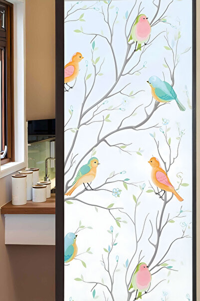 Buka Shops Renkli Kuşlar ve Dallar Desenli Buzlu Cam Folyosu Dekoratif Cam Fi...