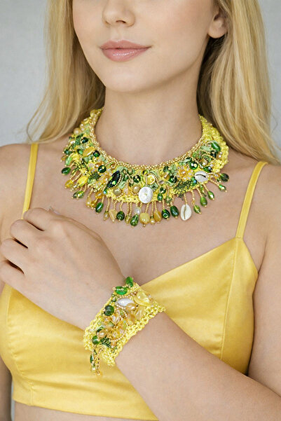 azra takı tasarım مجموعة مصنوعة يدويًا للنساء، قلادة وسوار، مطرزة بالخرز الكر...