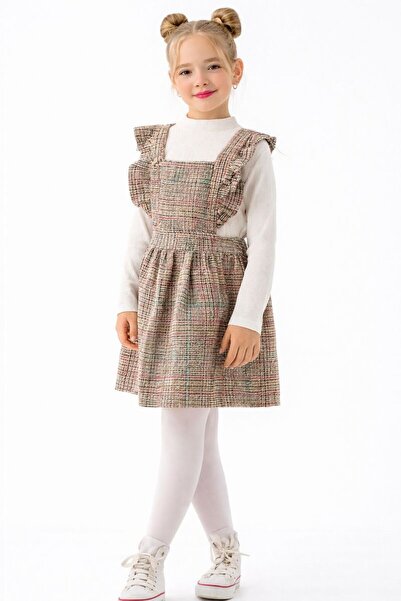 RAPAPA Girl's Plaid Suspender Dress Set – Ruffle Detail & Long Sleeve Blouse-...