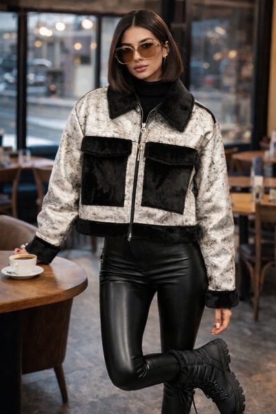 LaraLisa Shiny Nubuck Fabric Women's Short Coat with Fur Collar