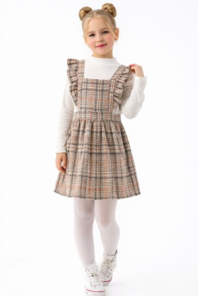 RAPAPA Girl's Plaid Suspender Dress Set – Ruffle Detail & Long Sleeve Blouse-...