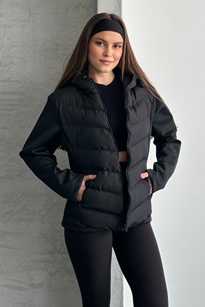 moda armanc Kadın Siyah Kapüşonlu Termal Şişme Mont - ZR Range Rover Mom Kont...