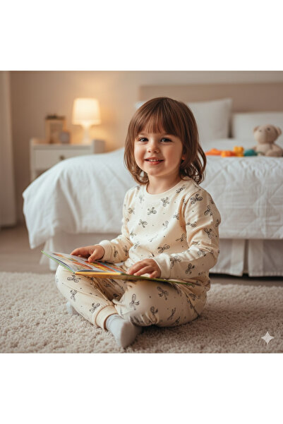 Miniworld %100 pamuklu ekru kız çocuk pijama takımı
