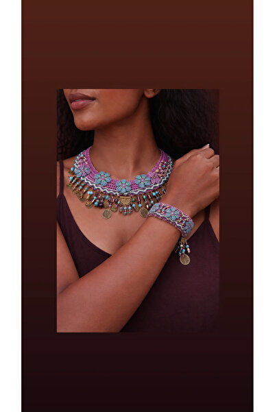 azra takı tasarım El yapımı otantik bohem etnik mor ve turkuaz örgü iğne oyal...