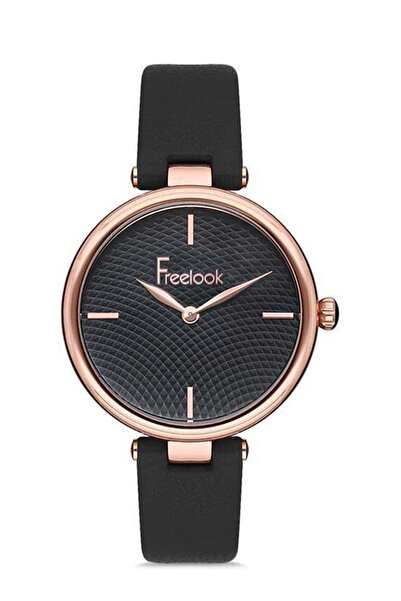 Freelook Kadın Rose Gold-siyah Çelik Kasa Yuvarlak Kadran Deri Kordonlu Kol S...