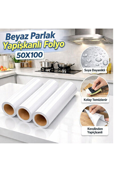 OMEGA DESIGN 50x100cm Parlak Beyaz Yapışkanlı Folyo Mutfak Dolap Ve Mobilya K...