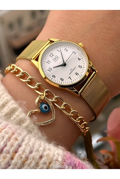Q&Q Steel Cord Gold Color Small Case Women's Wristwatch Evil Eye Beaded Bracelet