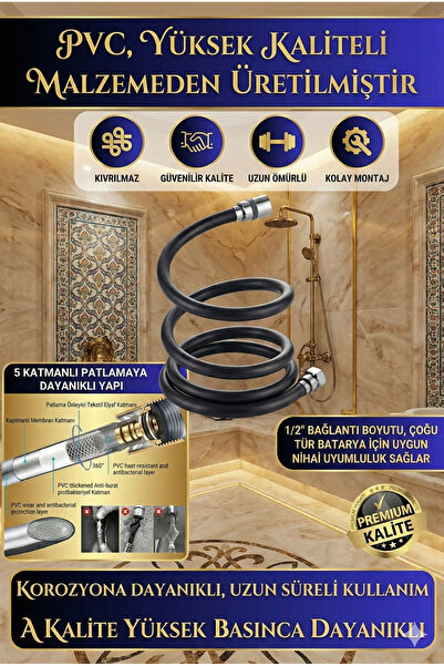 Plodna House Siyah 150 Cm Pvc Banyo Duş Hortumu – G1/2 Uyumlu, Sızdırmaz, Day...