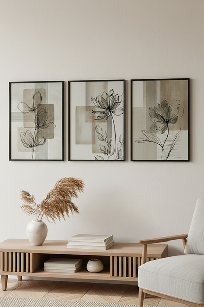huhuli Ahşap Siyah Çerçeveli 3'lü Wabi Sabi Koleksiyon Tablo Seti Huhu714