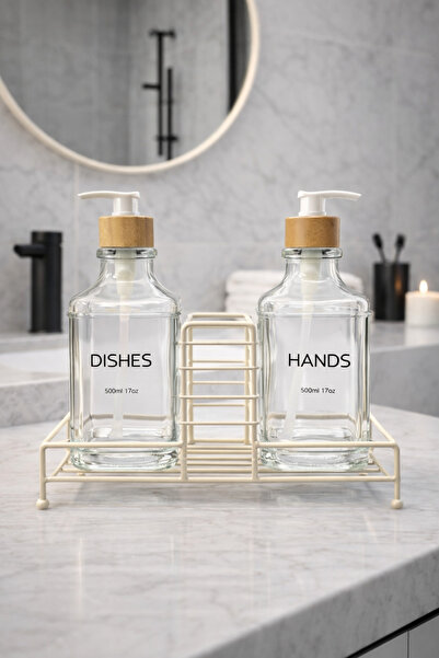 ZÜRİH COLLECTİON 2'li Modern Cam Sabunluk Seti Beyaz Metal Standlı Deterjanlı...