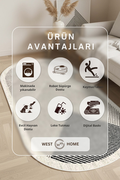 West Home Makinede Yıkanabilir Kaymaz Taban Leke Tutmaz Oval Salon Halısı Mutfak Halısı ve Yolluk