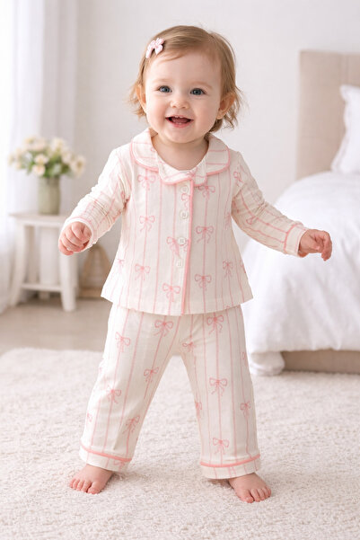 AKİ MODA KİDS Kız Bebek Fiyonk Desenli Pamuklu Alt Üst pijama takımı