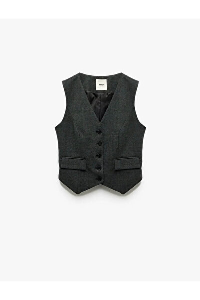 Koton V Yaka Kolsuz Düğmeli Cepli Kareli Blazer Antrasit Kadın Yelek 6WAK20032UW