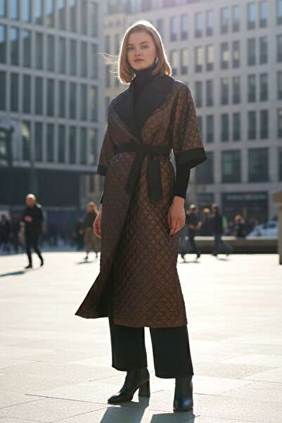 Nuss Belt and Detachable Knitted Sleeve Detail Cap Jacket 6014 Copper