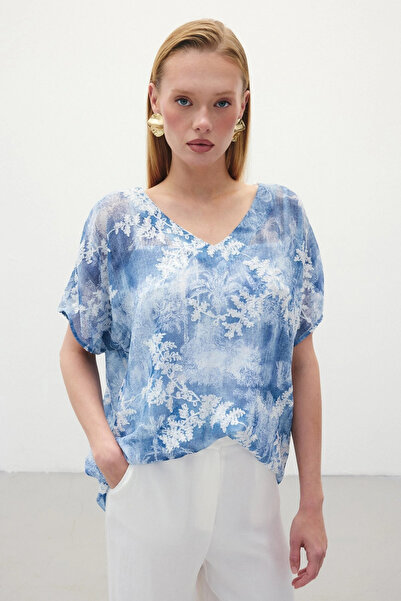 Sateen Bluză cu mânecă scurtă brodata - Indigo