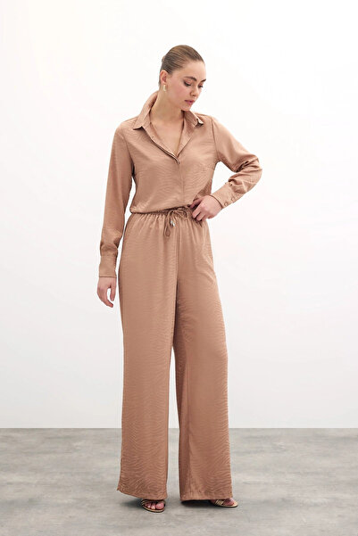 Sateen Zebra Patterned Loose Trousers - Camel