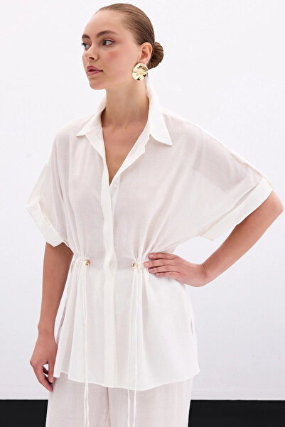Sateen Waist Drawstring Detailed Shirt - Ecru