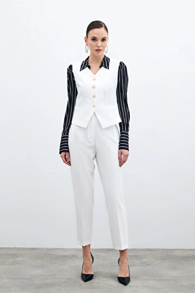 Sateen High Waist Cuffed Trousers - ECRU