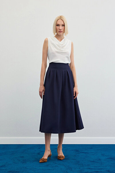 Sateen Pileli Midi Etek - Lacivert