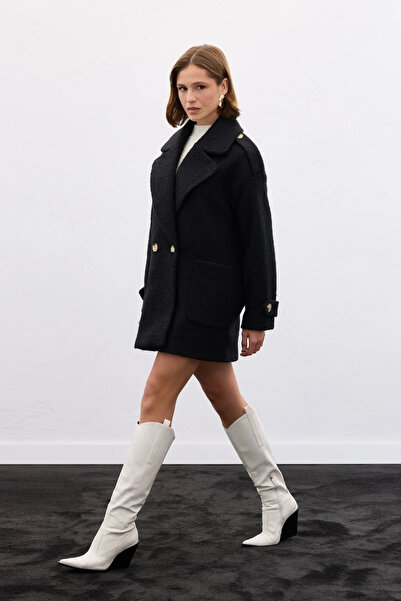 Sateen Palton scurt Buklet - Negru