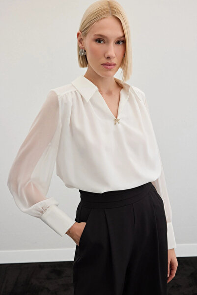 Sateen Bluză casual cu accesorii - Ecru