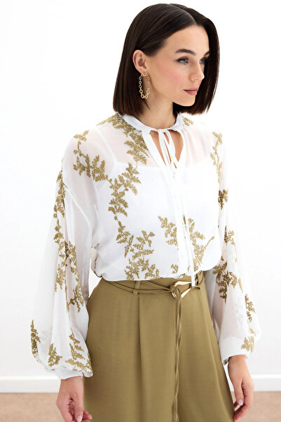 Sateen قميص شيفون مطرز - كاكي