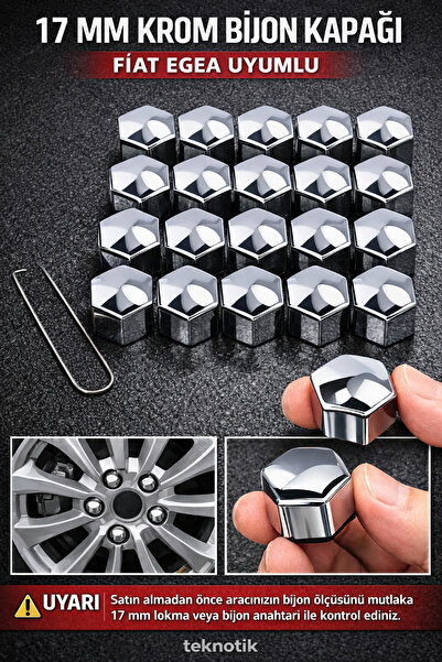 Teknotik 17 mm Krom Bijon Kapağı Fiat Egea Uyumlu (20 Adet) – Sökme Aparatlı
