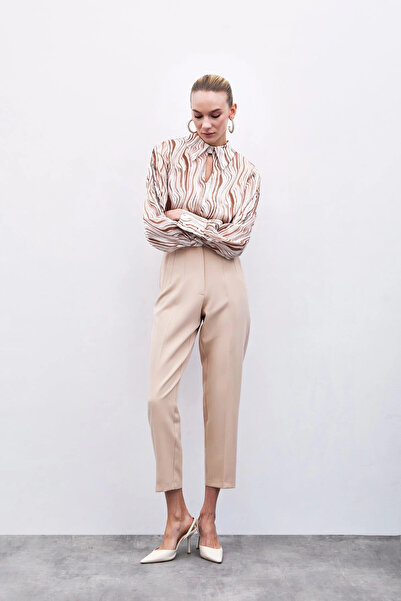 Sateen Yüksek Bel Pensli Pantolon - Bej