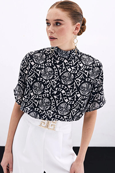 Sateen Bluză cu mânecă scurtă cu model - neagră