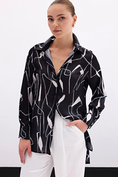 Sateen Πουκάμισο με λεπτομέρεια με σχισμή - Μαύρο