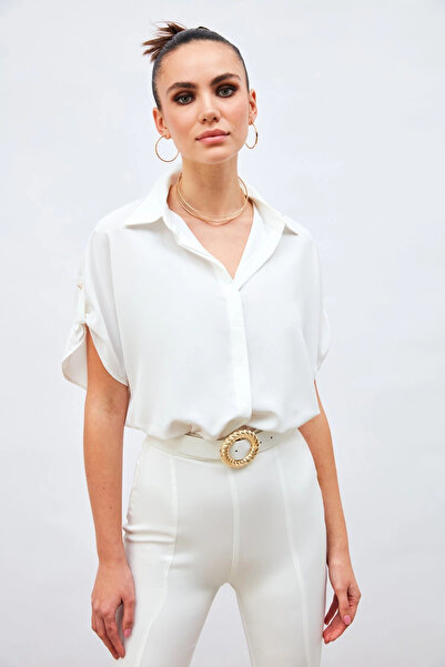 Sateen Cămașă casual cu detaliu la mânecă - Ecru