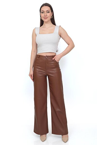 VAJESTO Pantaloni din piele pentru femei, maro, cu detaliu cu nasturi și ferm...