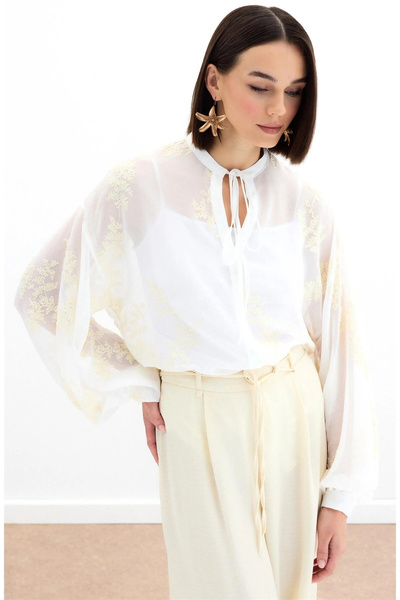 Sateen Nakışlı Şifon Gömlek - Krem