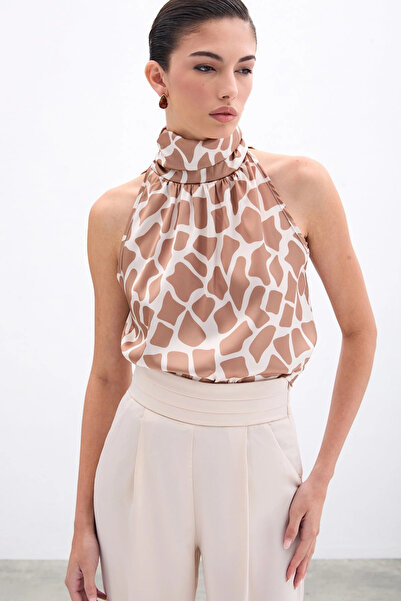 Sateen Μπλούζα μπεζ-Camel ψηλό μανίκι