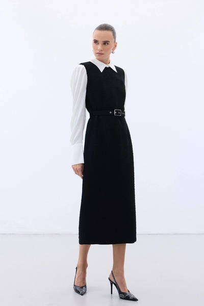 Sateen Belted Tweed Dress - Black