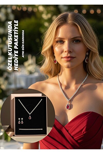 BEREN KILIÇ Rose Burgundy Crystal Stone Jewelry Set Necklace Earrings Bracele...