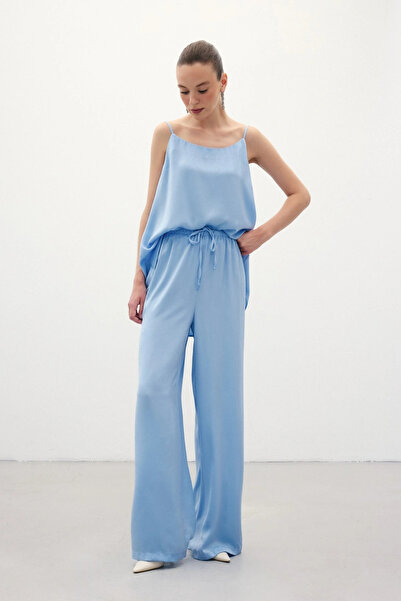 Sateen Lace-Up Casual Trousers - Blue