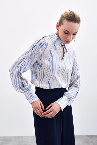 Sateen Blue Patterned Blouse - Sleeve Accessories