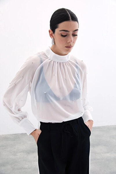 Sateen Ecru Stone Detailed Transparent Blouse