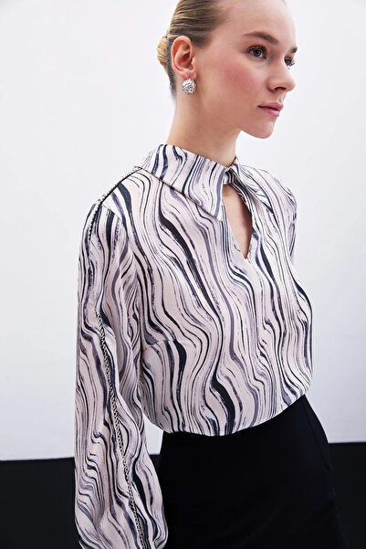 Sateen Bluză cu model cu mâneci accesorii - neagră