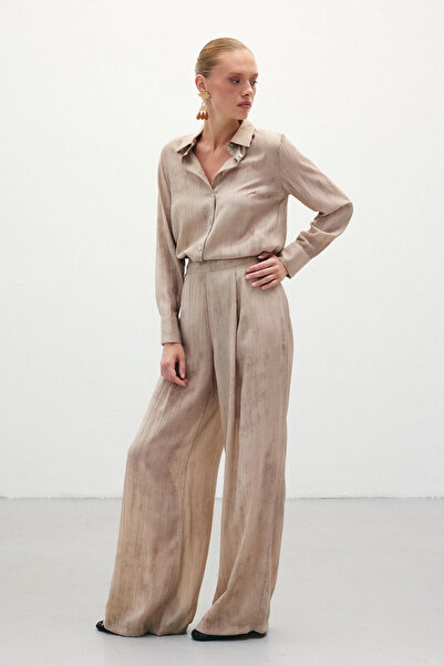 Sateen Patterned Loose Trousers - Beige