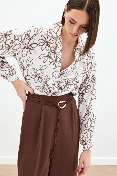 Sateen Сорочка з квітковим вишиванням з віскози - кавова