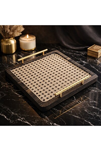 arykanda صينية هازيران سوداء - صينية راتان - صينية ديكور