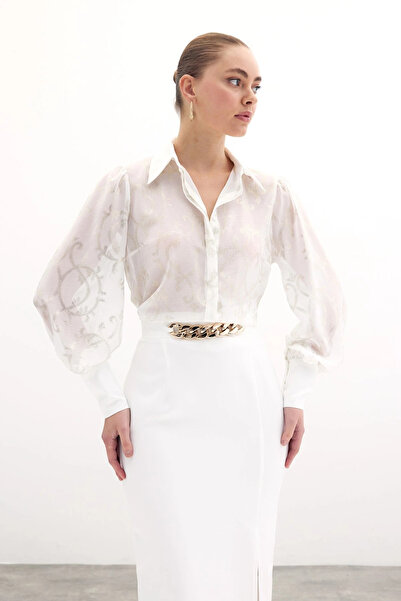 Sateen قميص شيفون بأكمام واسعة بلون إكرو