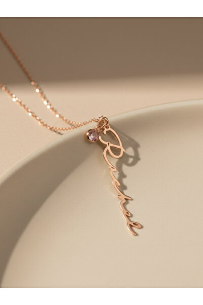 luvee 925 Ayar Doğum Taşlı Dik İsim Gümüş Kolye (Rose Gold)