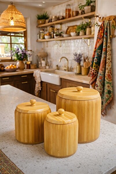 Akkoyunlu home 3 Size Bamboo Spice Jar Set Tea Coffee Sugar Bamboo Jar Set