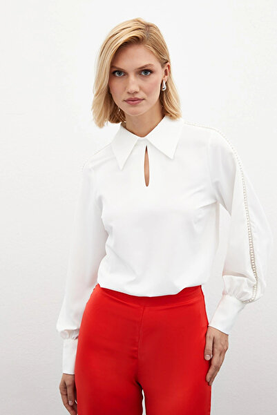 Sateen Kolları İnci Detaylı Bluz - Ekru