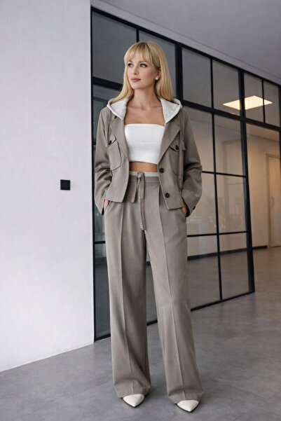 RAPAPA سترة نسائية قصيرة بغطاء رأس وطقم بنطلون واسع الأرجل - أنيقة وعصرية-251103