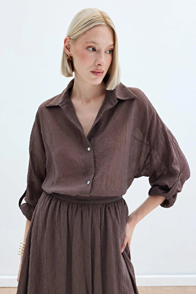 Sateen Casual Shirt with Sleeve Detail - Brown