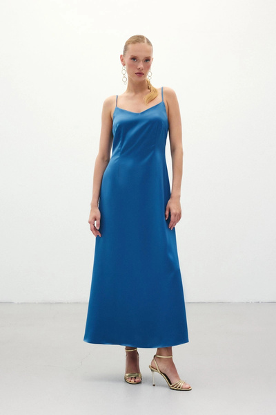 Sateen Довга сукня на бретельках із сатину - Sax Mavi